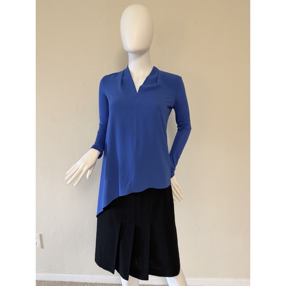 Escada Women's Crepe Tunic Blouse Blue‎ Asymmetrical Hem V-Neck Long Sleeve  32